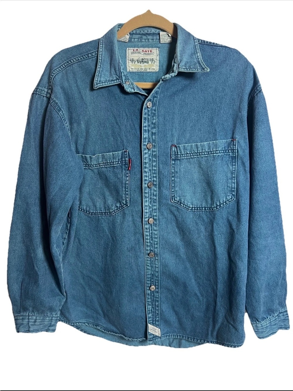 Vtg LA Gate Relax Fit Mens Size M Blue Denim Long Sleeved Shirt Western Rodeo